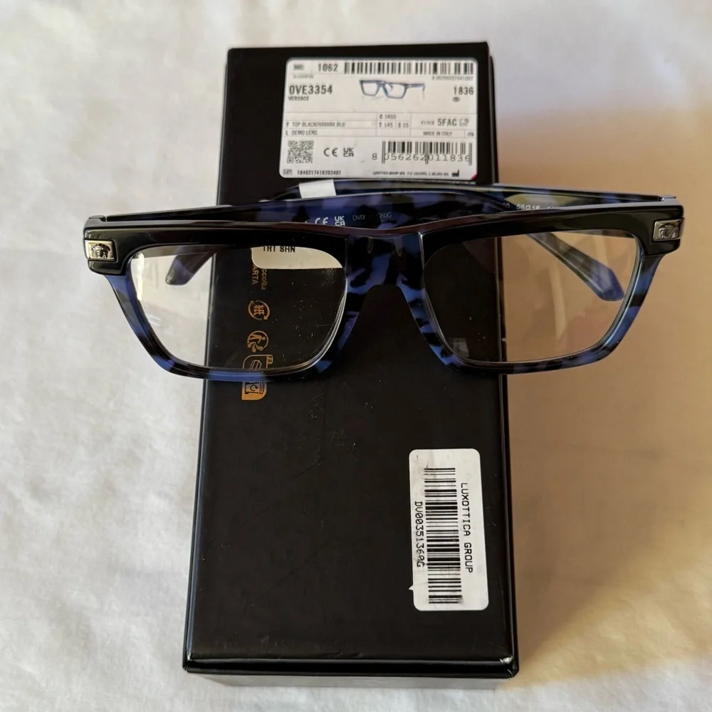 •Versace VE3354 Top Black/Havana Blue Acetate Rectangle Glasses Frame NWT